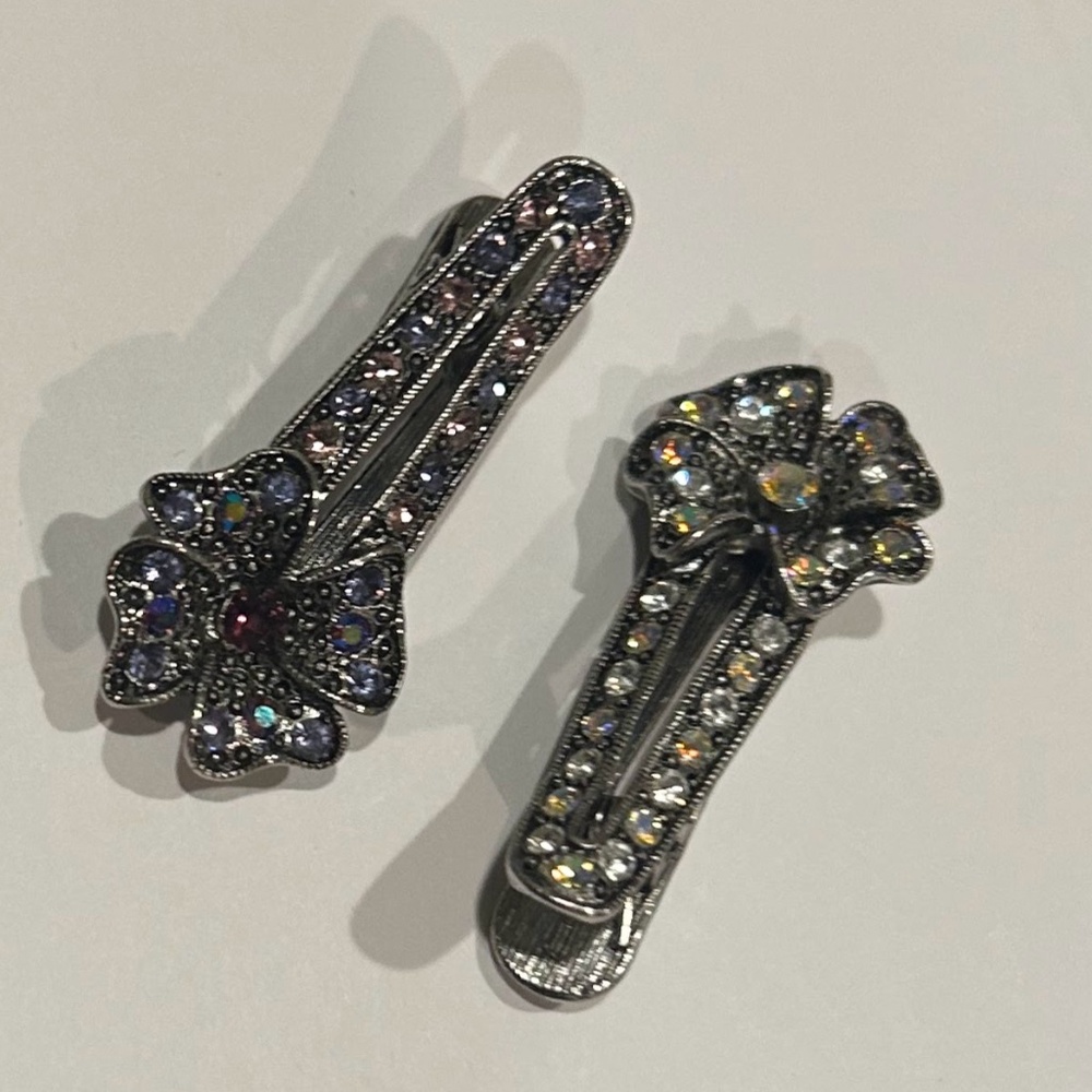 purple and crystal flower silver beaded bejeweled vintage hair clips